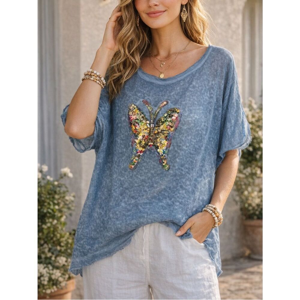 Made in Italy Blue Butterfly Sequin Linen Blend Knit Top Size M